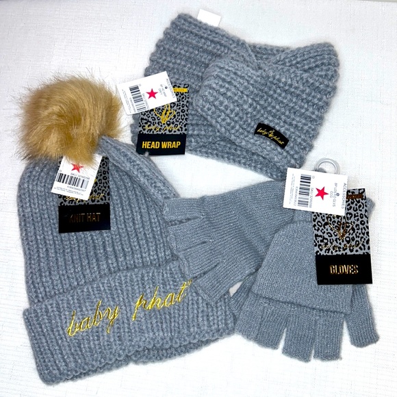 Baby Phat Accessories - Baby Phat Gloves, Knit Hat & Head Wrap Set